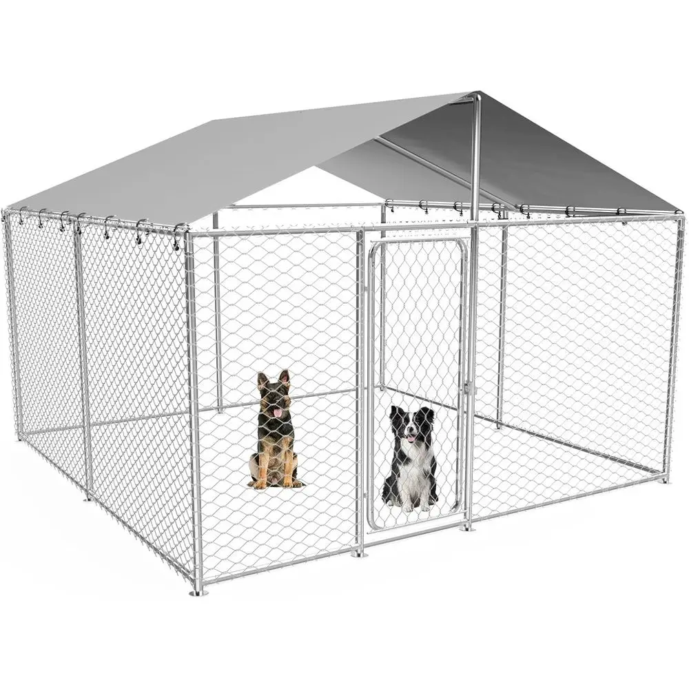 

10x10 Outdoor Heavy-Duty Steel Dog Kennel with Waterproof Roof, Secure Lock, and UV Protection for Large Dogs