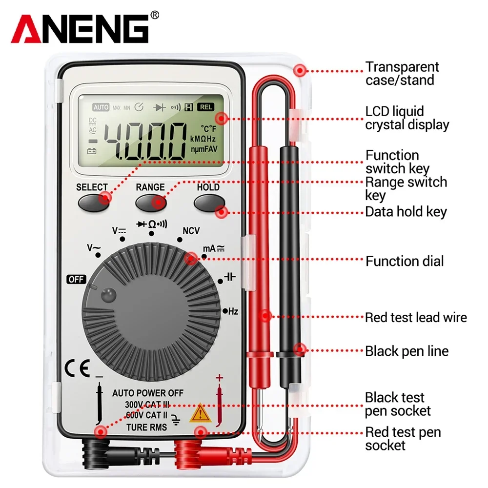 ANENG AN101 Mini Digital Multimeter1999 T-RMS AC/DC NCV Kapazität Amperemeter Voltmeter Tester digitalen multimetro profesional test