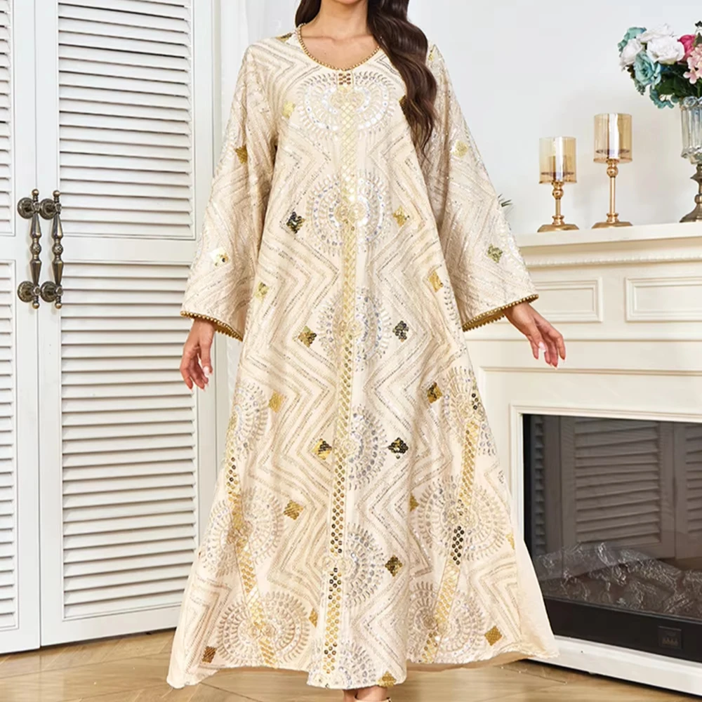 

Новое длинное вечернее платье, модное мусульманское платье с блестками для женщин из Дубая, кафтан с блестящими бусинами, исламское платье для женщин