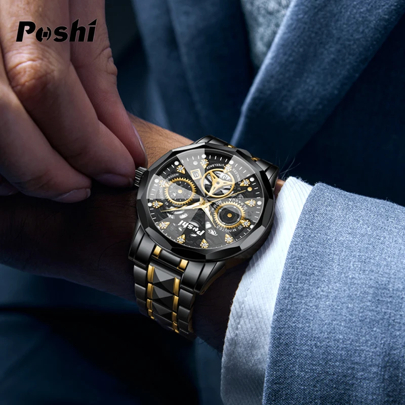 POSHI 989 Stainless Steel Watch Man Fashion Quartz Wristwatch Original Men's Watches With Date Luxury Brand Waterproof Clock