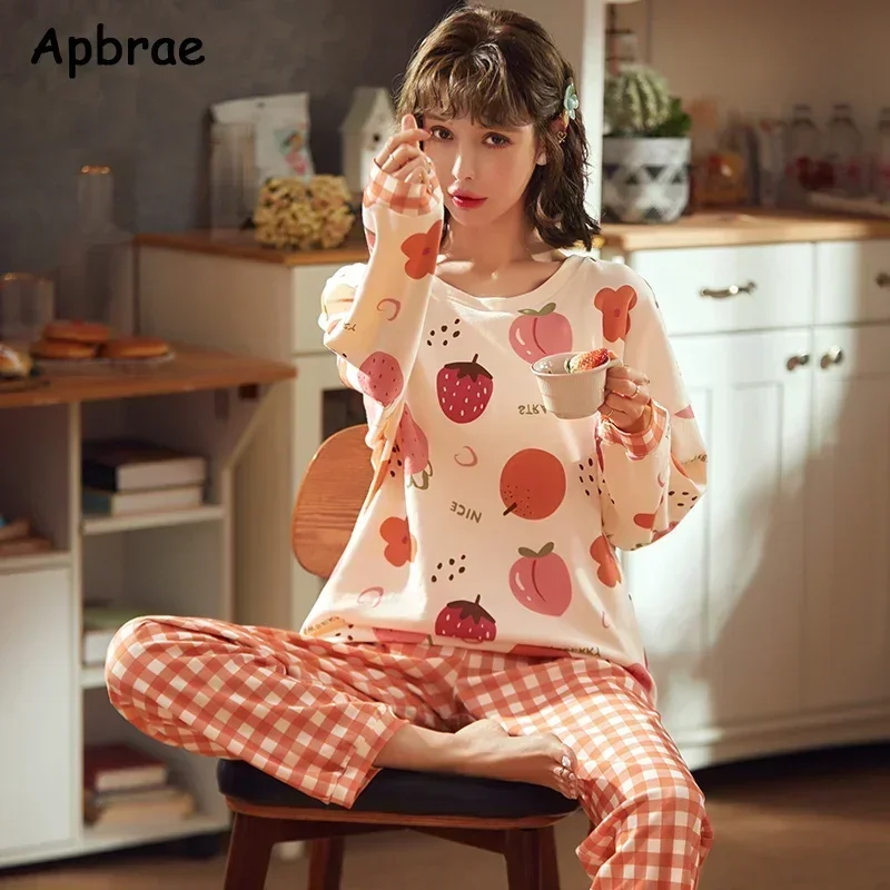 100% Cotton Pajamas Set Autumn Winter Cute O-neck Pajama Long Sleeve Long Pants Women Pijamas Fashion Loungewear for Girl