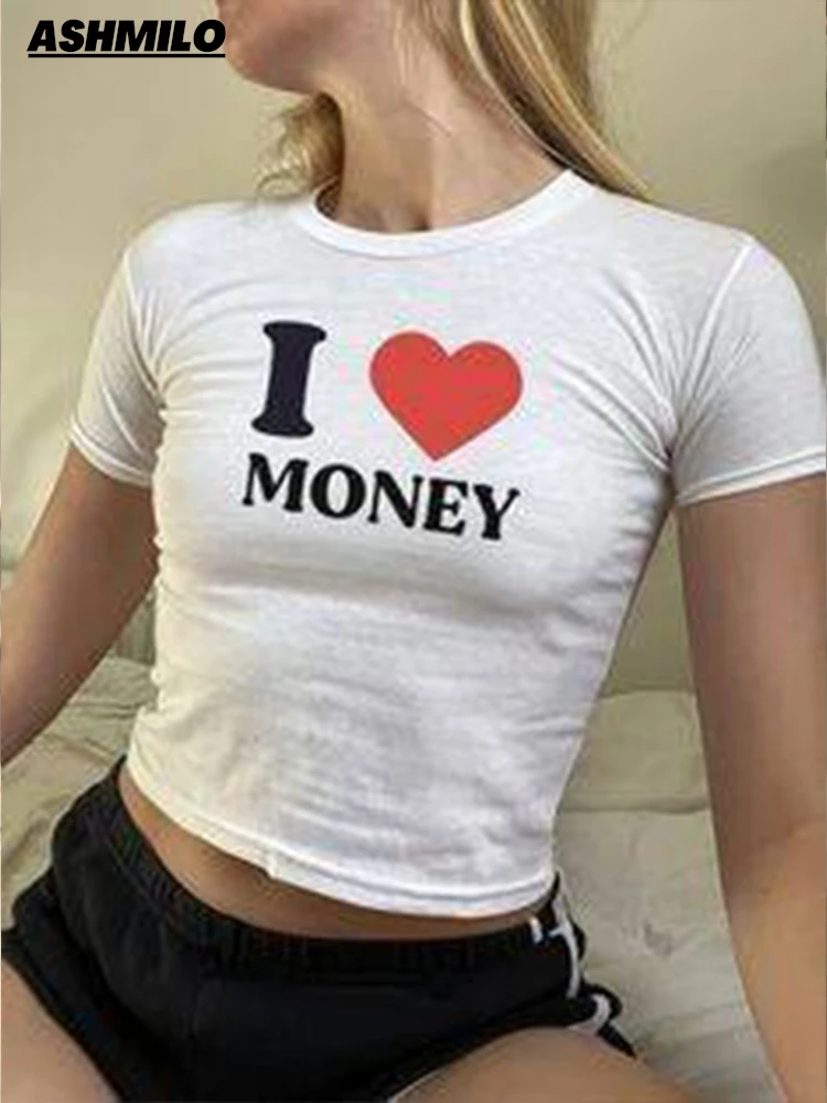 

I LOVE MONEY Letter Print Baby T-Shirt 2000s Retro Streetwear Women's Fashions T-Shirt Sexy Korean T-Shirt Emo Girls Crop Top