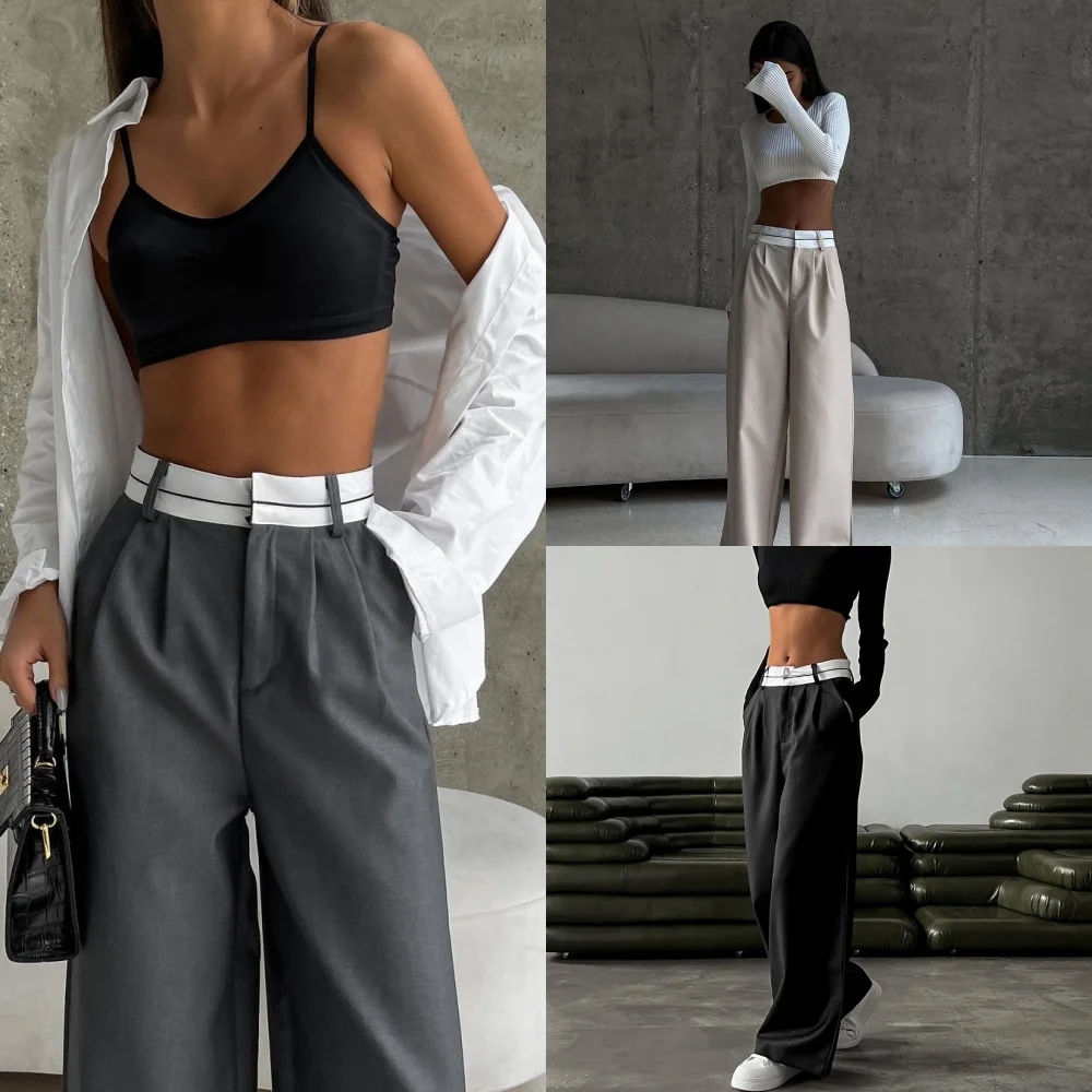 Clacive Elegant Loose Gray Office Women Pants Fashion High Waist Straight Trousers Casual Chic Spliced Full Length Female Pants