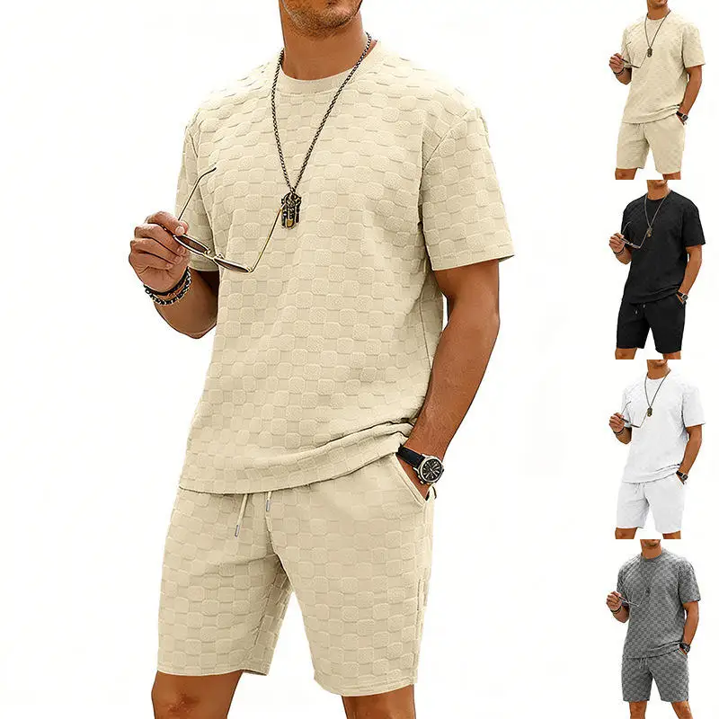

Summer Casual Men's Short Sleeve T-Shirt Heavyweight Loose Shoulder Drop round Neck Short Pants Set Youth Grid Pattern Sweats...