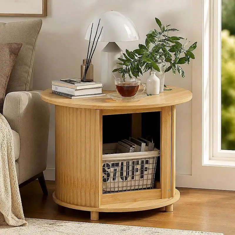 Table basse ronde en bambou avec rangement caché et porte coulissante Ø60x45 cm, finition bois naturel, livraison depuis entrepôt local