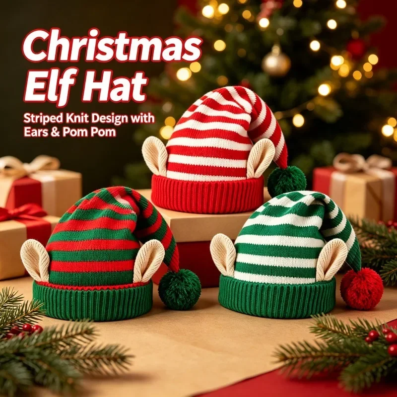 Bonnet de Lutin Rayé avec Oreilles et Pompon – Rouge, Vert ou Blanc – photo 4