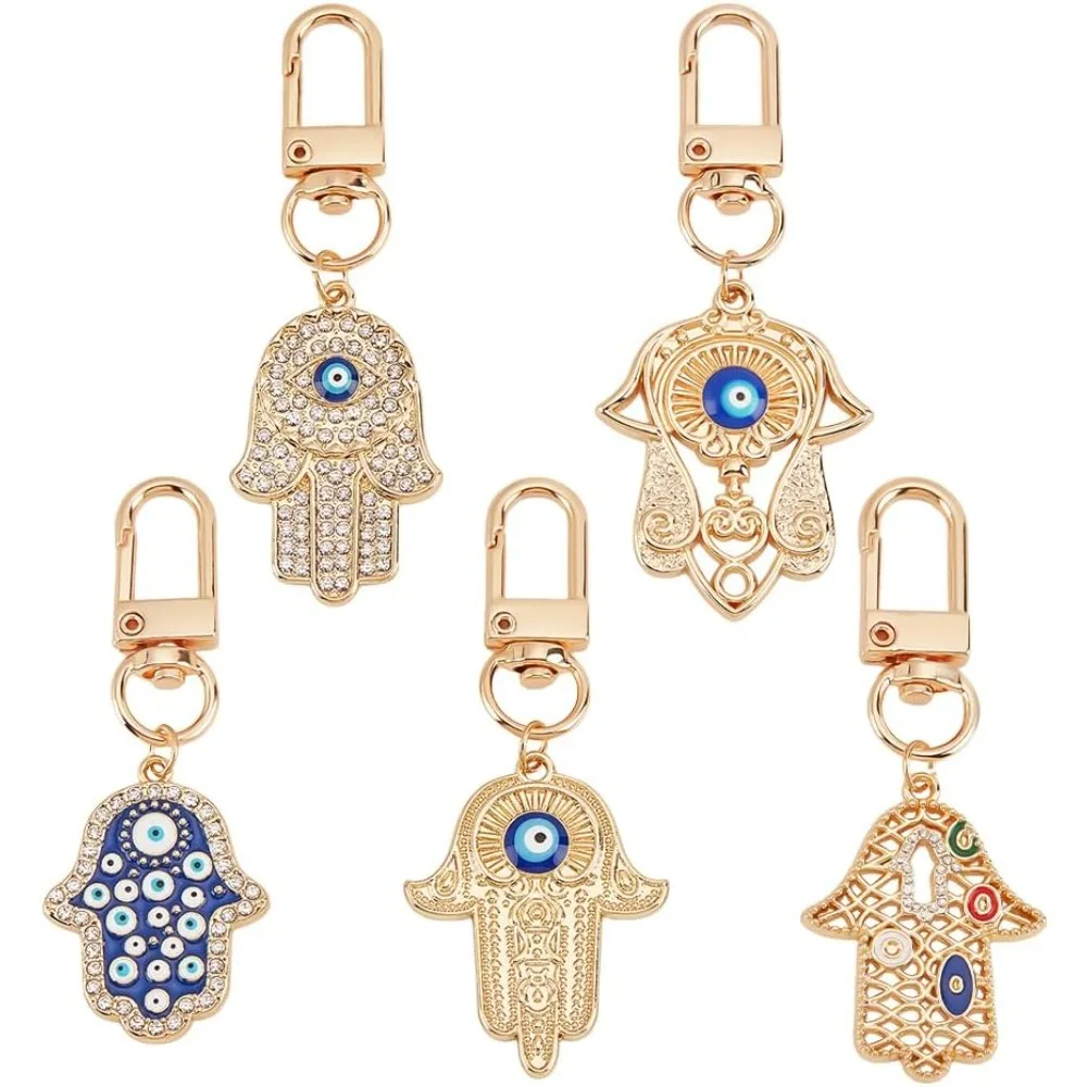 5 Pcs 5 Styles Hamsa Hand Keychains, Hand Protection Charm Key Holder Charm Pendants Lucky Charms Keyring