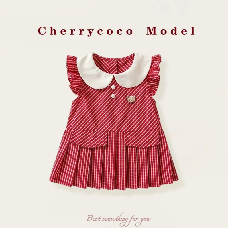 

CHERRYCOCOGirls' summer dress new style children's pleated princess dress baby plaid cute tank dress