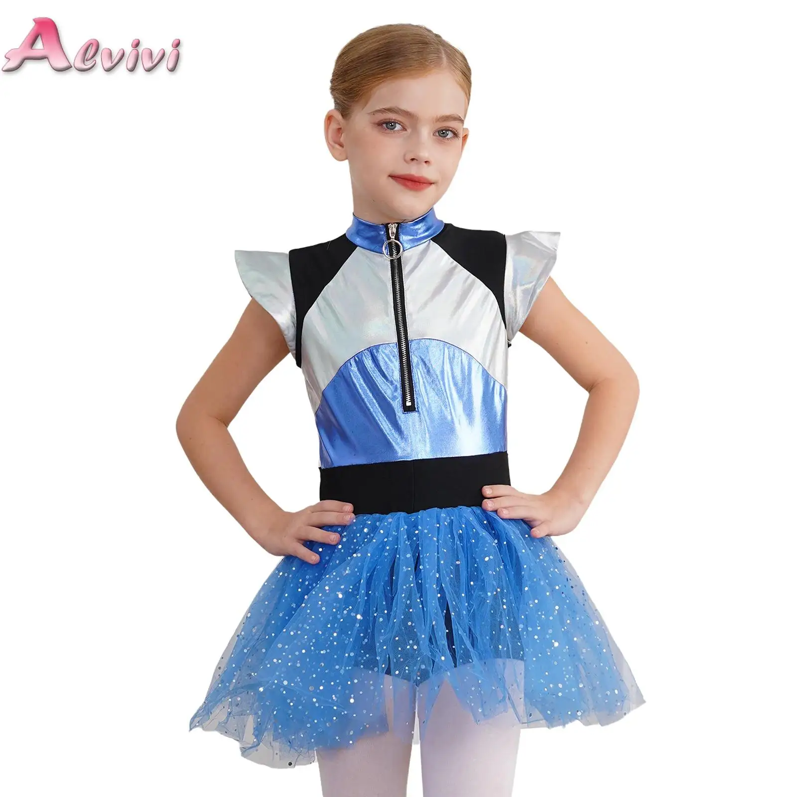 

Kids Girls Shiny Spangles Ballet Dance Tutu Dress Robot Bodysuit Clothes Halloween Alien Astronaut Cosplay Performance Costume