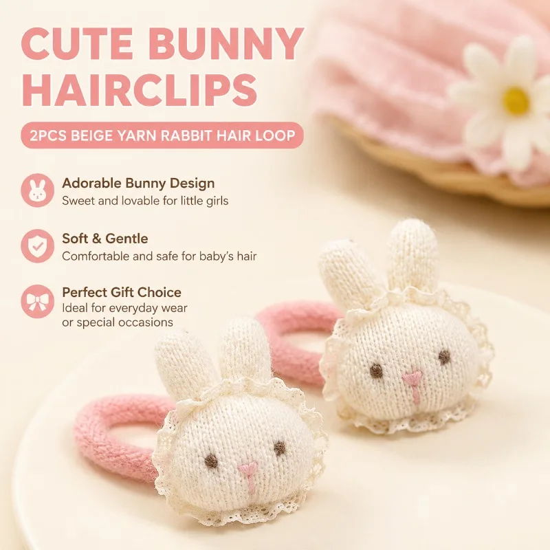 2pcs Beige Yarn Rabbit Hair Loop Hairclips for Girls, Cute Lace Little Bunny Baby Hair Accessory