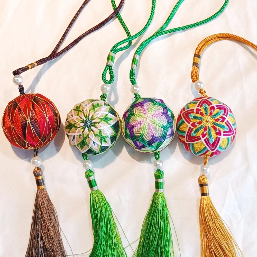 

New Hand-Embroidered Silk Thread Temari Ball Bag Charm - Decorative Pendant Gift Set in Elegant Packaging With Gift Box