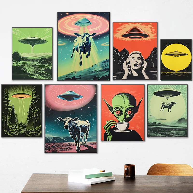 Vintage 60s UFO Posters Surreal Art Flying Saucer Alien Prints Canvas Printing Scifi Wall Picture for Living Room Home Decor