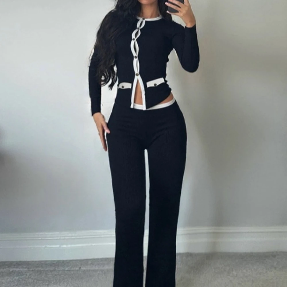 2025 Autumn Leopard Print Ribbed 2 Piece Set Women Fashion Long Sleeve Single Breasted Cardigans Tops + Flare Pants Casual Suits