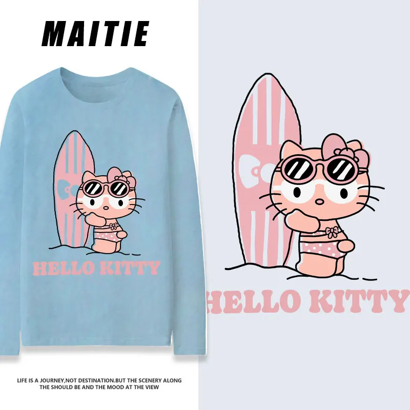 HelloKitty Kitty Co branded Clothes Autumn Pure Cotton Short Loose Casual Long sleeved T-shirt Women's Trendy Instagram