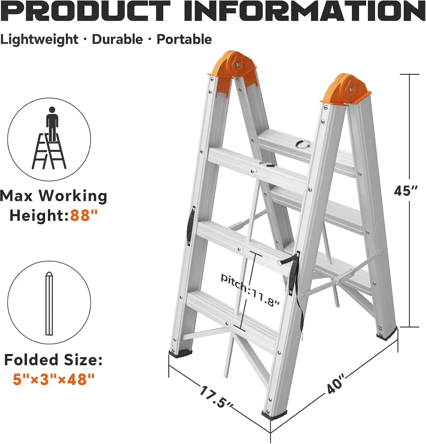 Aluminum Foldable Twin Front Collapsible A Frame 3-Step Ladder, Compact Step Stool with Wide Anti-Slip Pedal, EN131, 330lb Capacity