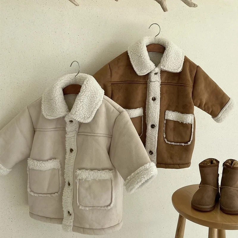 2025 Winter Kids Clothes 1-6T Color Blocking Boys Girls Berber Fleece Thick Coat Baby Lapel Jacket Children Warm Windproof Tops