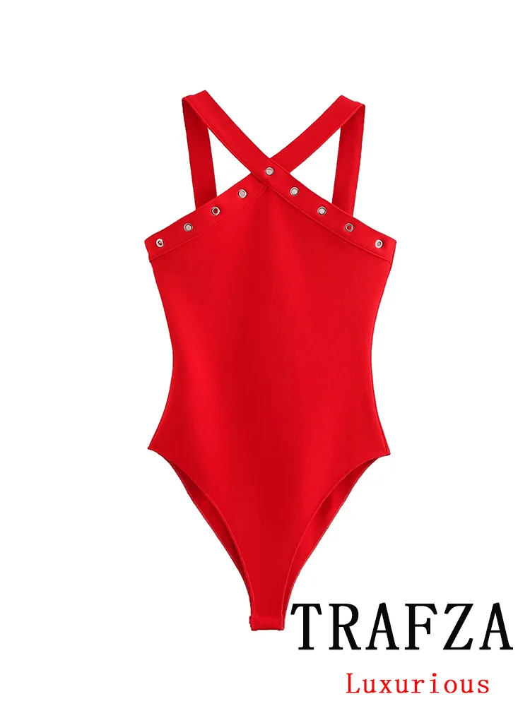 TRAFZA-body Vintage Sexy para mujer, monos cortos ajustados sin mangas de color rojo liso, monos femeninos de tubo para primavera y verano 2025