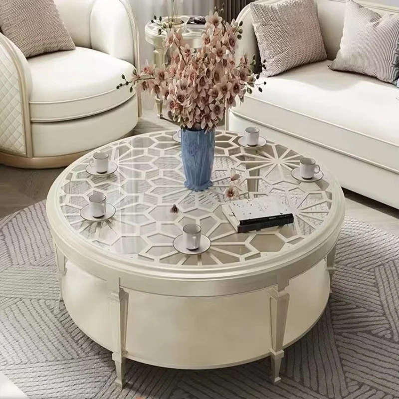 

American light luxury solid wood coffee table living room modern simple round glass creative sofa side table combination
