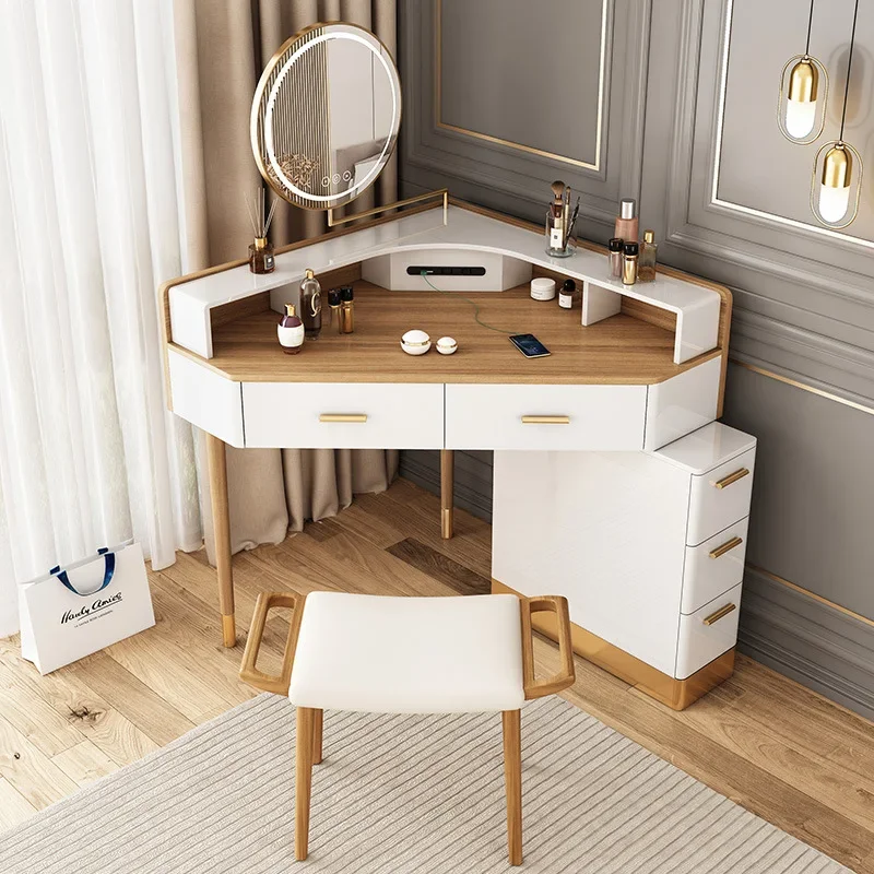 Women Makeup Dressing Table Vanity Desk Angle Bedroom Luxury Corner Hairstyle Dresser Table with Mirror Penteadeira Furniture