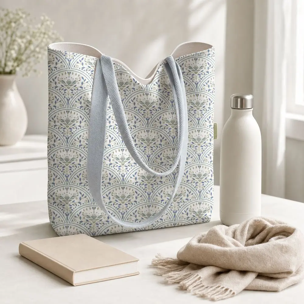 Durable Fan Shaped Floral Fragments Canvas Bag Reusable Large Capacity Tote Bag Wide Handles Lightweight Lunch Bag Daily Carry