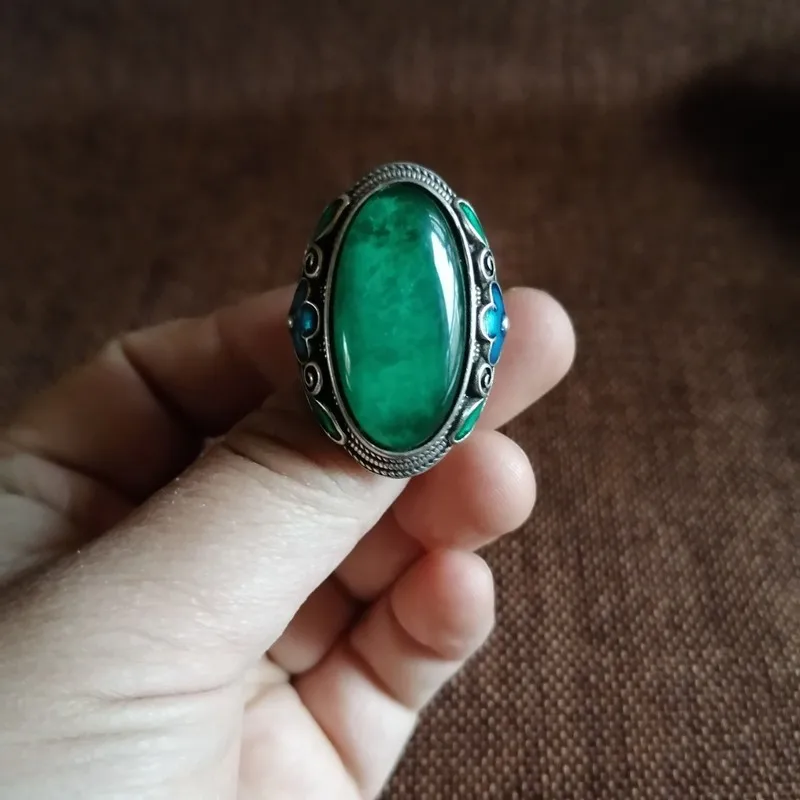 Antique Tibetan Silver Inlaid With Green , Vintage Zircon Adjustable Men'S Ring