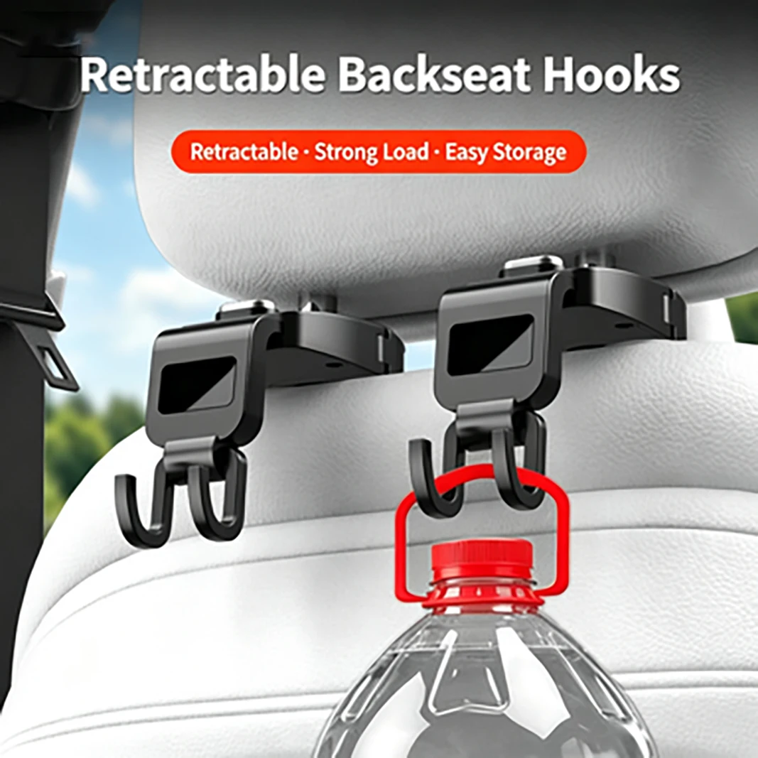 Retractable One‑Touch Car Headrest Hooks, Buckle Lock Double Seat Back Hanger for Purse Grocery Bags