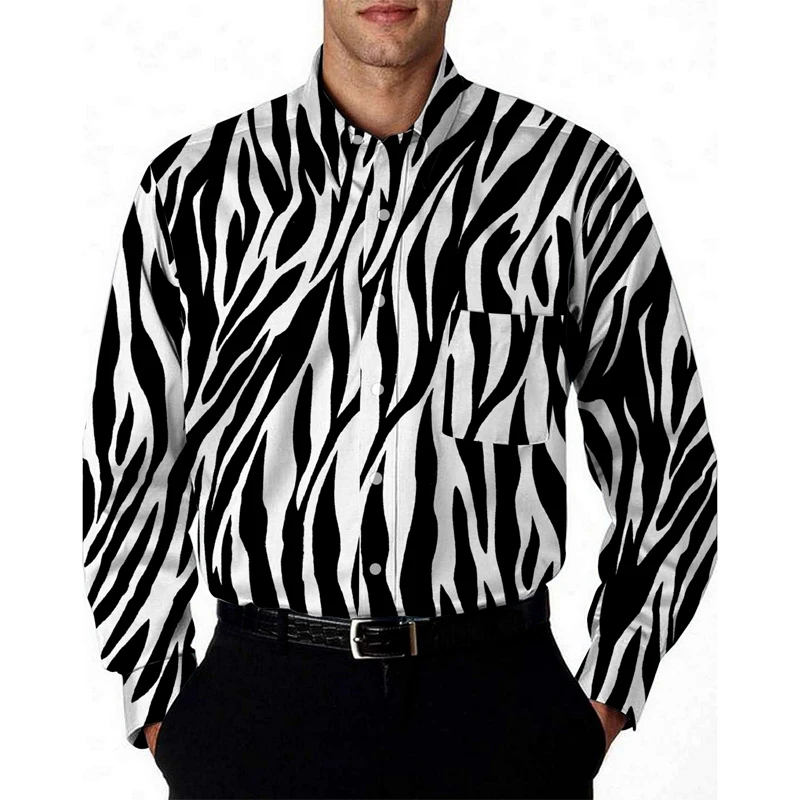 

Men's Long Sleeved Elastic Shirt, Print Casual Dress, Professional Work Attire, Stand Up Collar Shirt