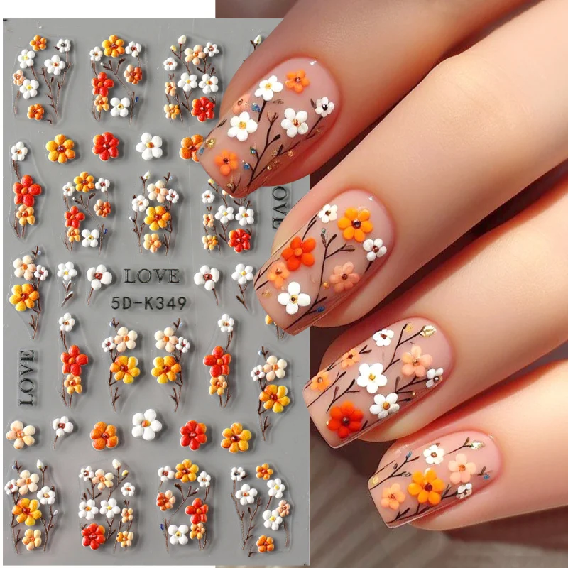 Autocollants pour ongles en relief marguerite 5D, motifs floraux frais de printemps, décalcomanies auto-adhésives en acrylique à cinq pétales, décorations pour Nail Art