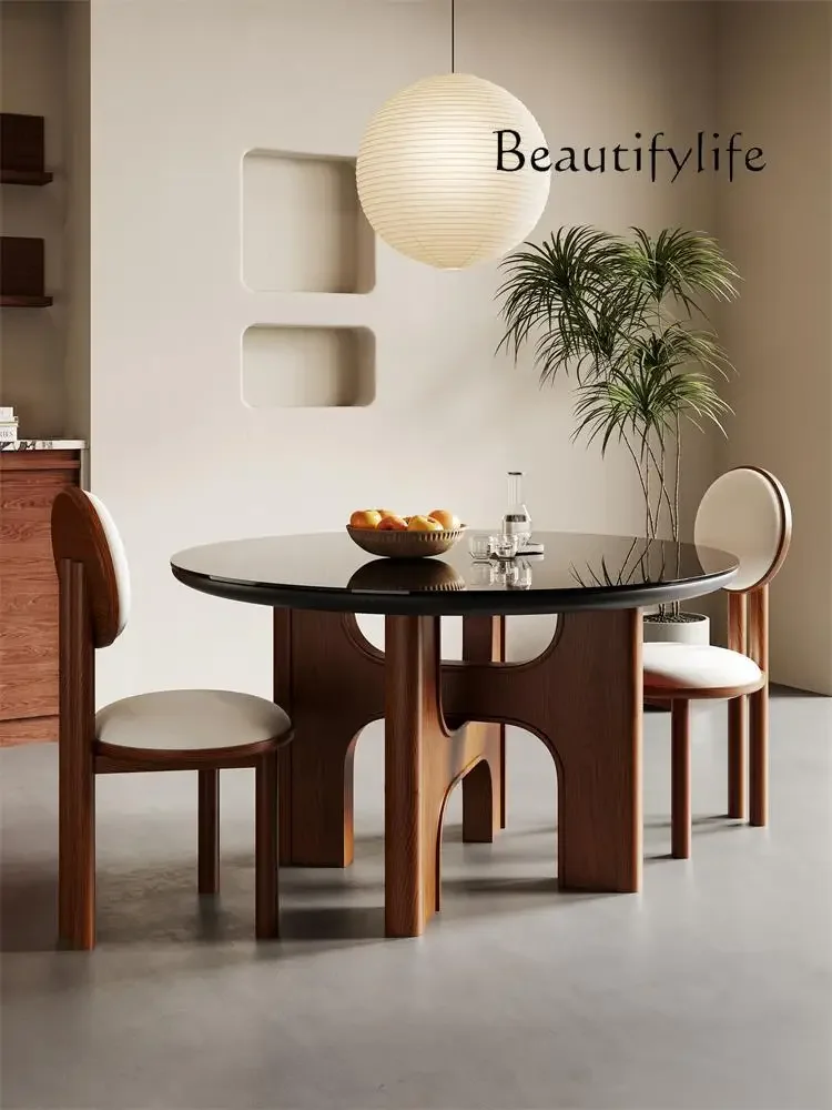

Mid-Ancient Tempered Glass Dining Table and Chair Home French Retro Walnut Oak round Rice Table