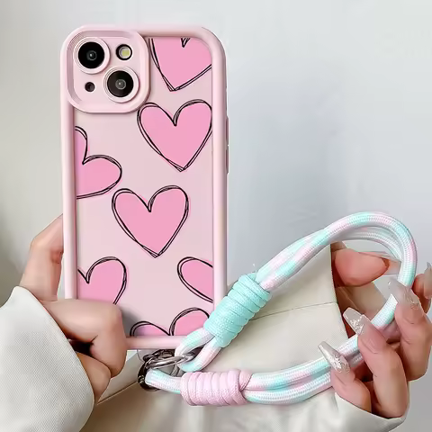 Hang Strap Wrist Chain Lanyard Case For Xiaomi 14 12 13 13T 11T 12T Poco X6 X5 X3 F3 F5 Pro Lite Love Heart Soft TPU Phone Cover