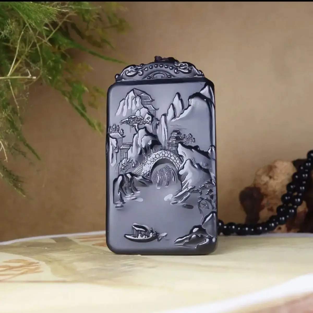 

Xinjiang Hetian Jade Ink Jade Landscape Brand Men's and Women's Double-sided Fine Carving High Mountains and Flowing Water