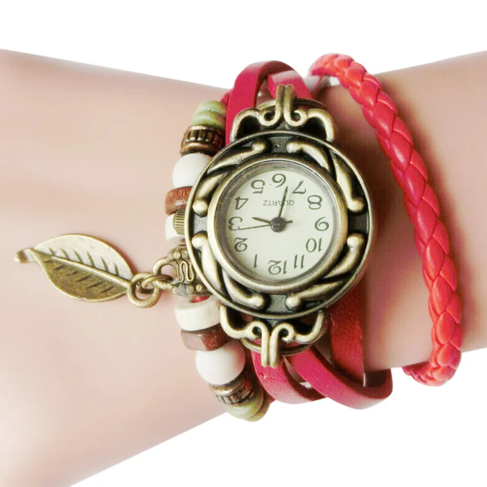 Womens Quartz Watch Vintage Personalized Leather Wrap Bracelet With Leaf Pendant Watch Dial Design Elegant Leather Strap Fashion
