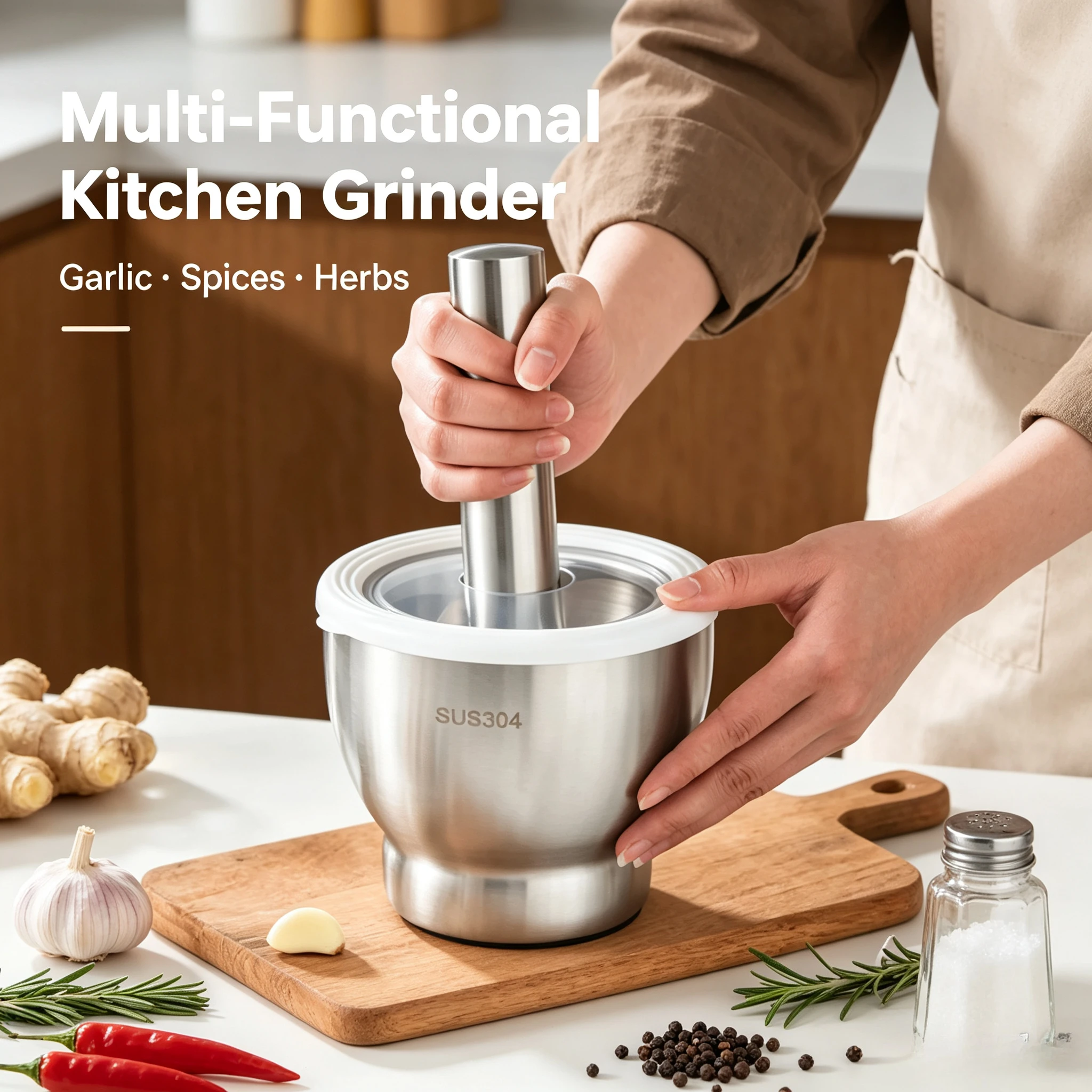 Heavy‑Duty Mortar Pestle Set 304 Stainless Steel Garlic Masher Non‑Slip Base Kitchen Tool