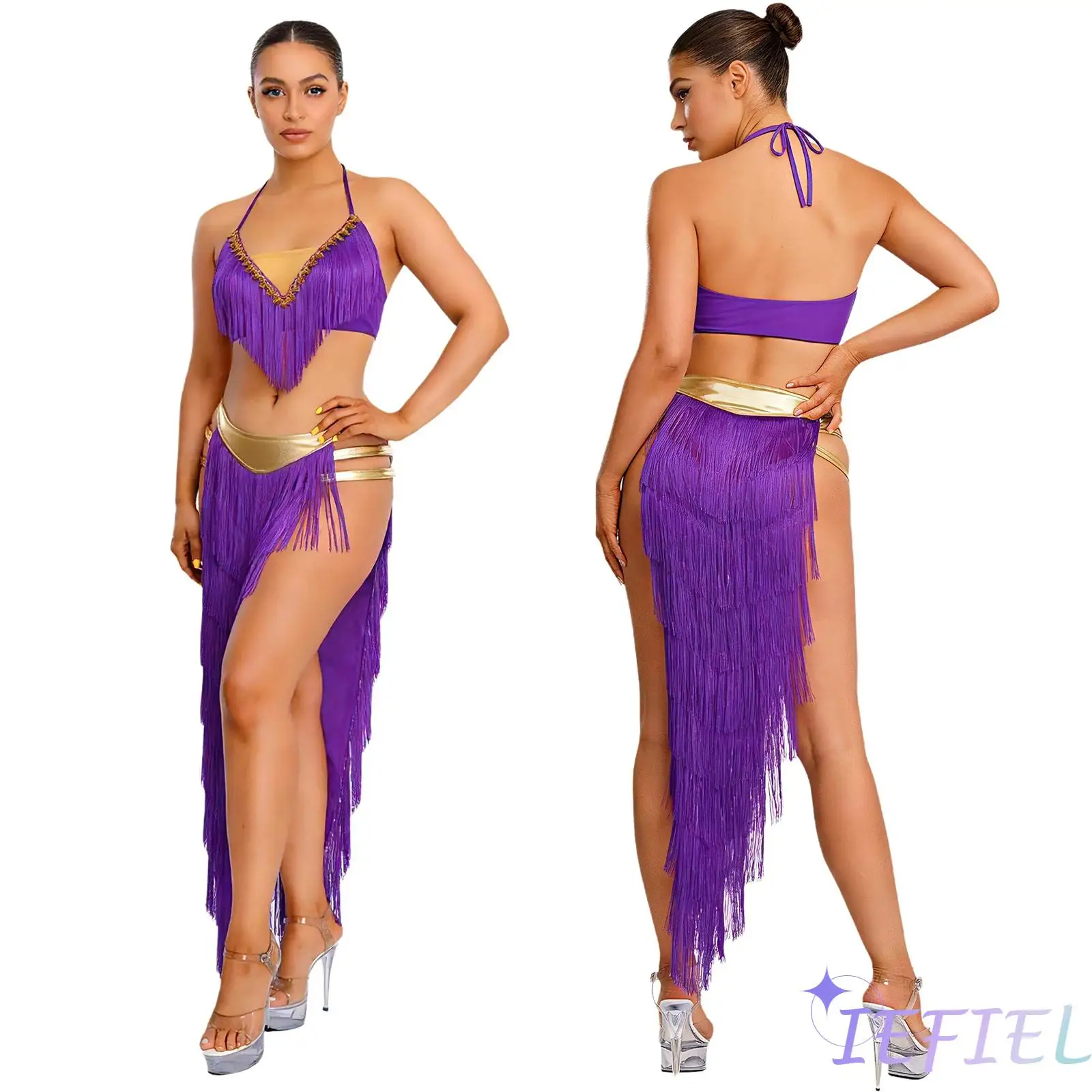

Womens Belly Dance Costume Lace-up Halter Tassel Gold Trim Crop Top And Tiered Tassel Irregular Hem Slit Skirt Modern Dancewear