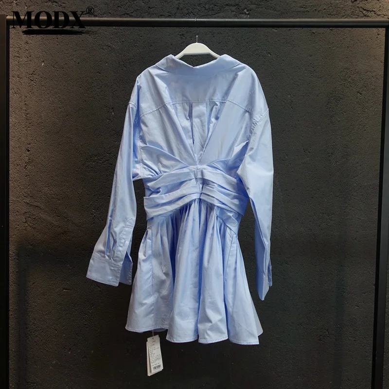 [MODX] No Return[]VC King Style Blue Pure Design Off Shoulder Shirt Skirt Women's Spring Fashion Dress