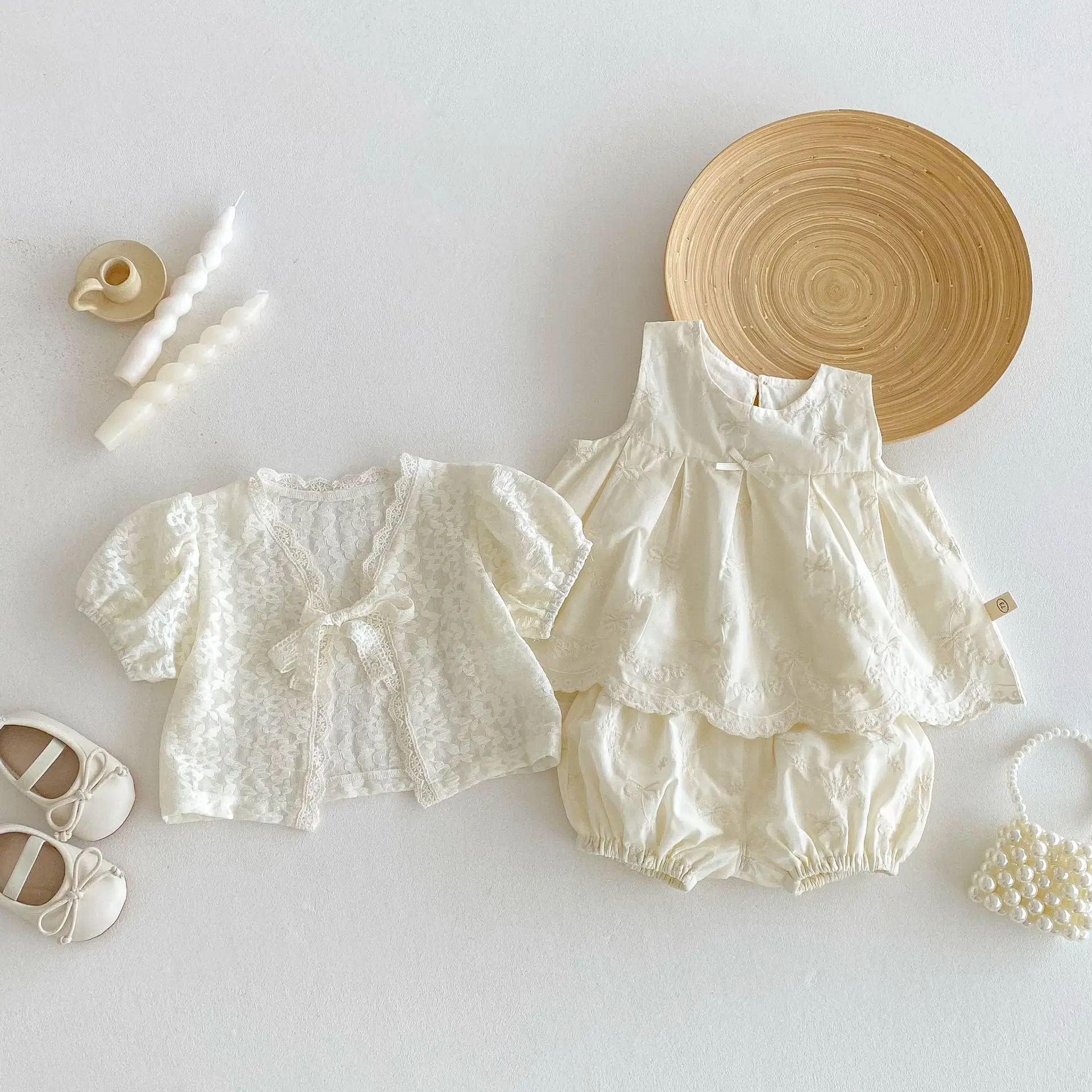 

Girls Lace Top 2025 New Summer Girls Short Sleeve Coat Baby Korean Bow Doll Shirt Children Solid Shorts
