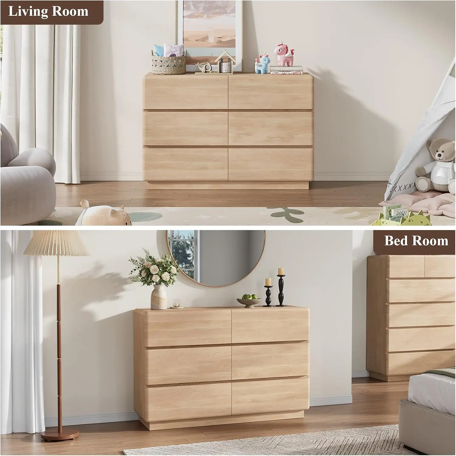 Natural Oak 6 Drawer Dresser Modern Wide Chest with Sturdy Thick Base Premium Wood Storage Organizer for Bedroom Furniture