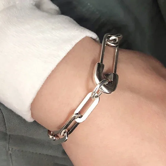 

925 Sterling Silver Minimalist Paper Clip Pin Charm Bracelets for Women Trendy Fine Jewelry Geometric Accessories