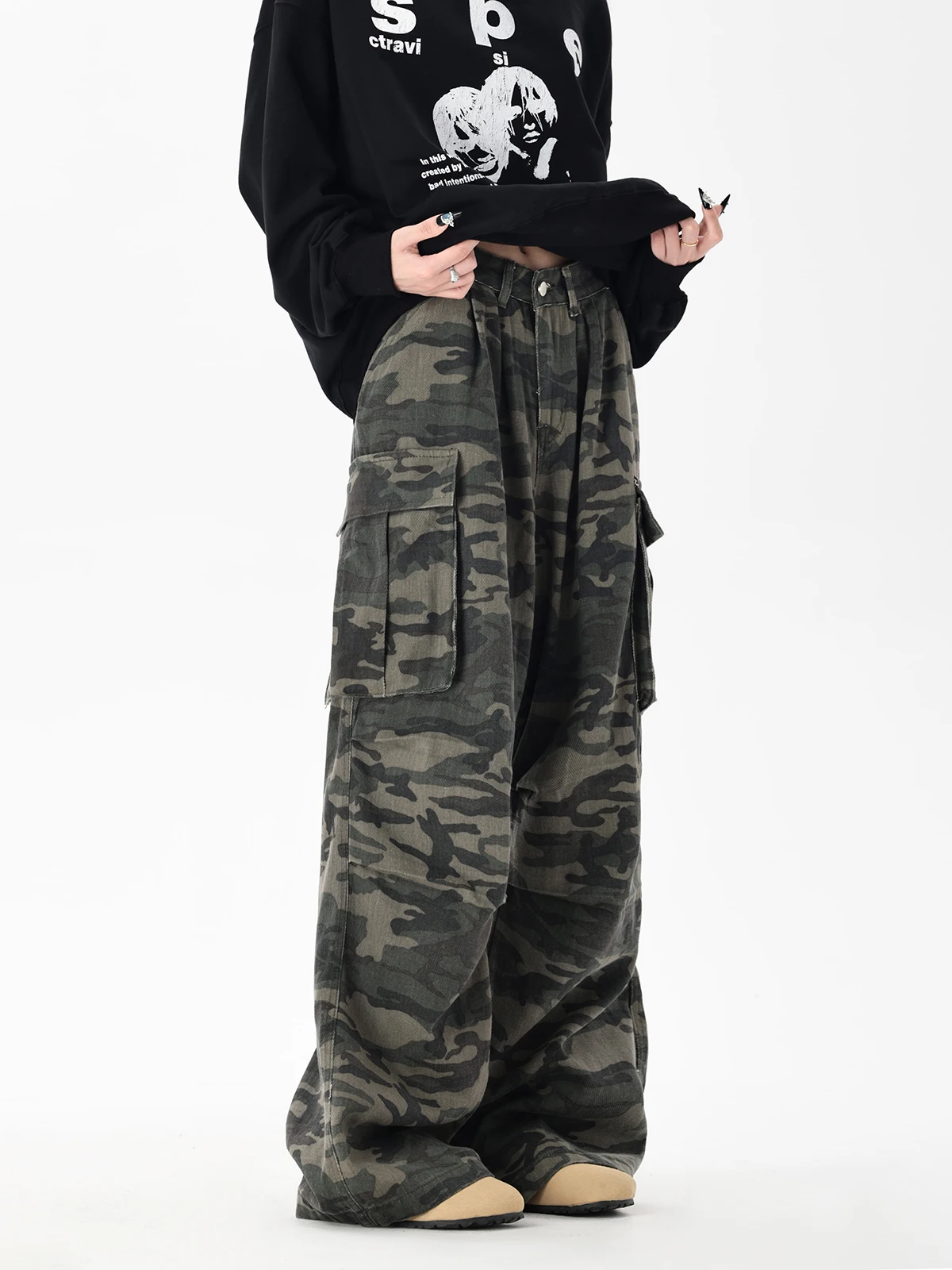 American High Street Vintage Straight Leg Pleated Design Multi-Pocket Camouflage Pants Casual Loose Wide Leg Floor-Length Tro...