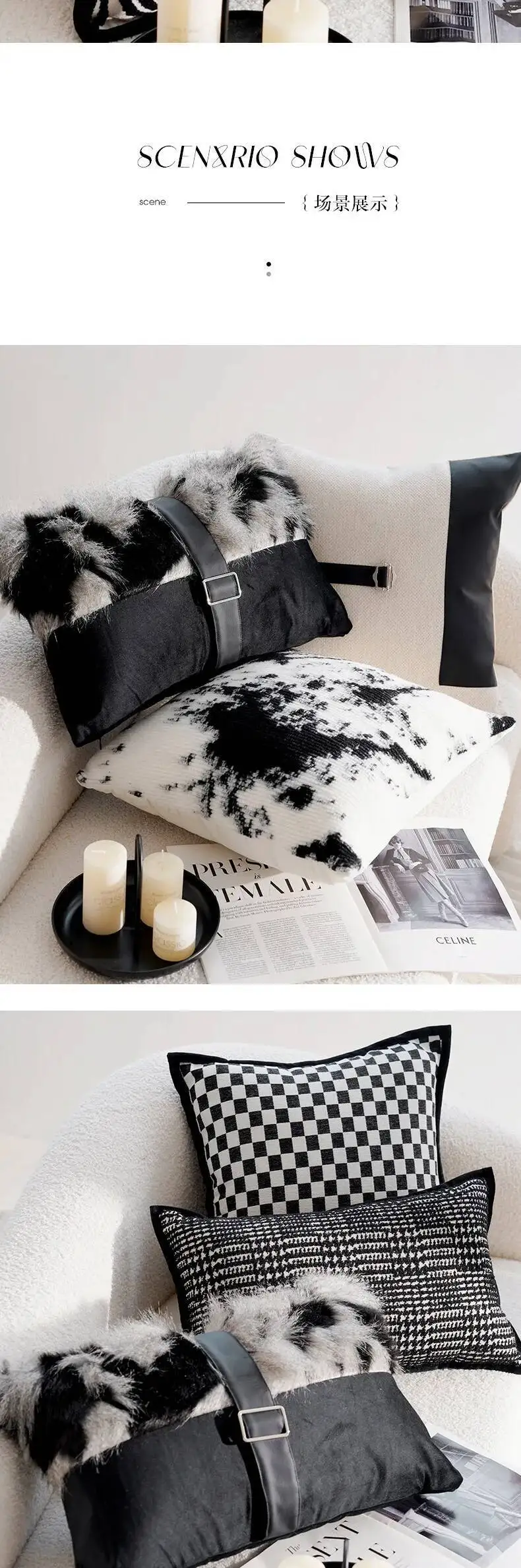 Elegante schwarz-weiße moderne Kissenhülle aus Chenille, weiches abstraktes Muster, Fell-Dekokissenbezüge für Sofa- und Bettdekoration – Detail 5