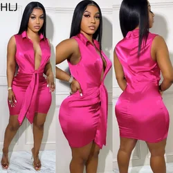 HLJ Fashion Solid Color Deep V Bandage Ruched Mini Dress Women Turndown Collar Sleeveless Slim Vestidos Sexy Lady Clothing 2024