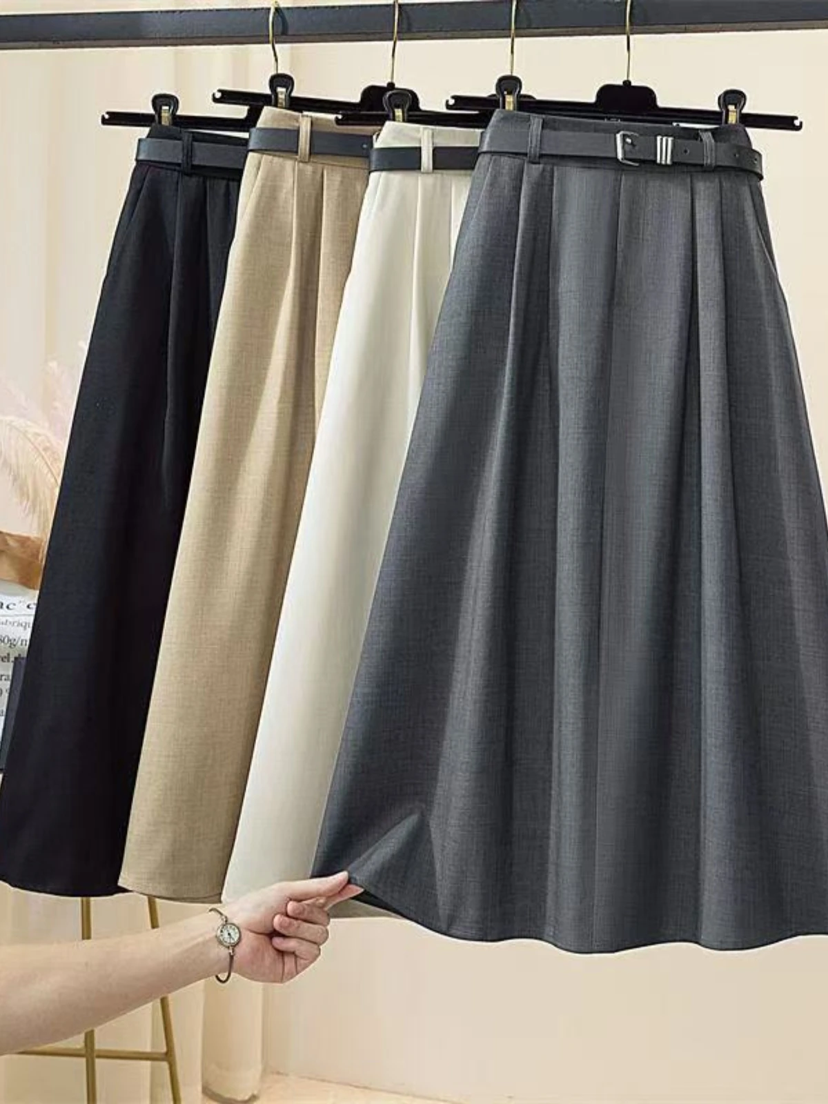Gray Suit Style Pleated  Skirt High Waist A-Line Silhouette Korean Style Commute Spring Season Regular Thickness
