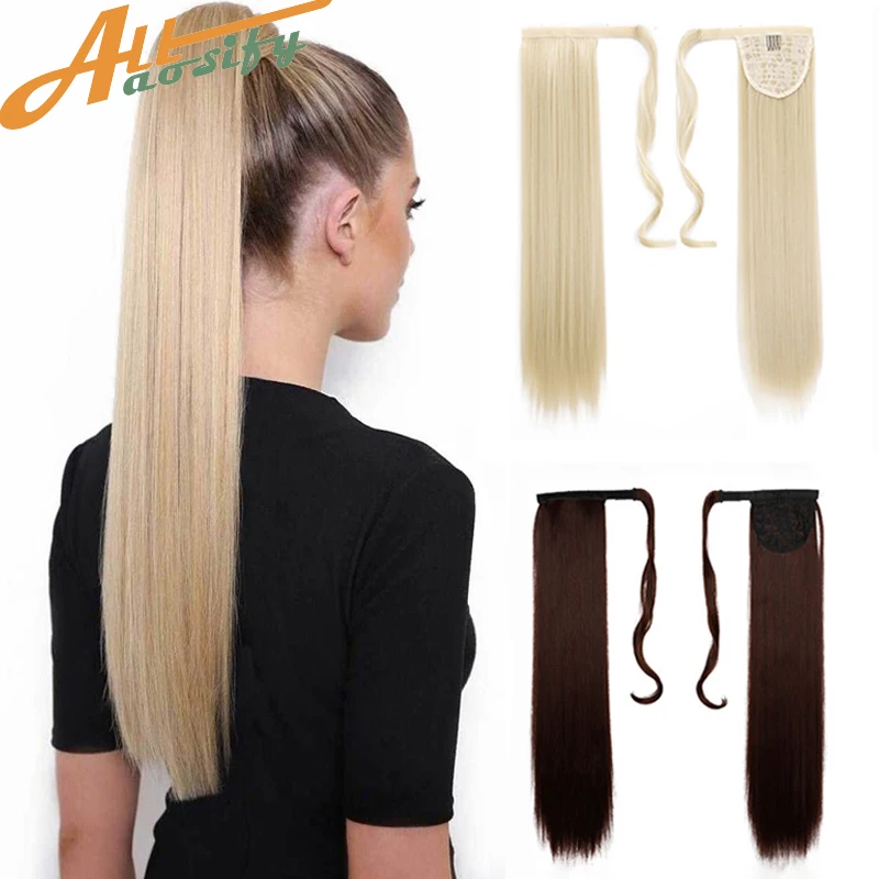 Allaosify Synthetic Ponytail Straight Ponytail  Extensions Clip In Hair Tail Wig With Hairpins Blonde Hair Extension For Women