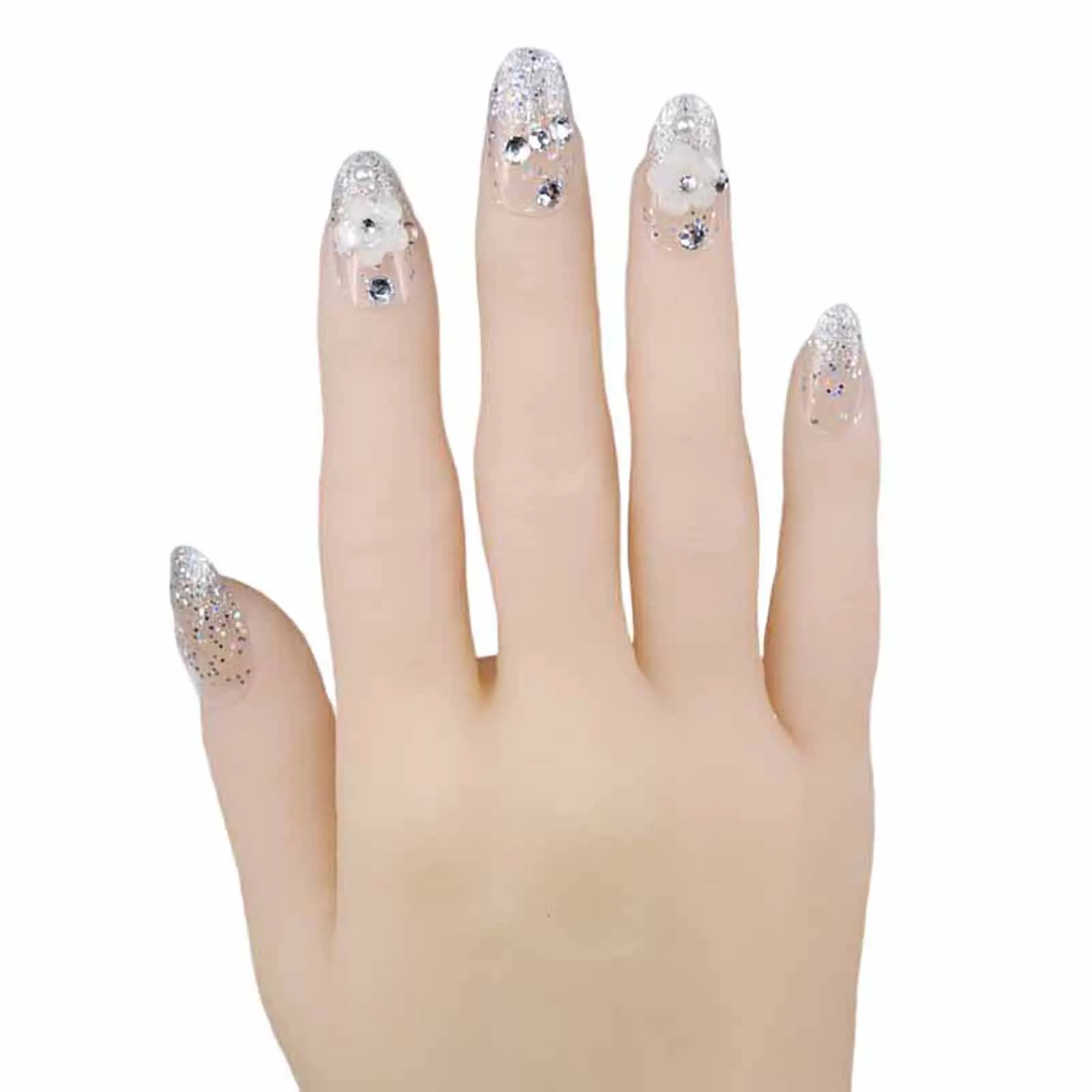 Flower Press-on Nail with Rhinestones Hands Decoration Easy Removal False Nail for Shopping Travel Dress Matching