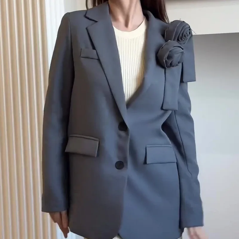 Women Suit Jacket Blazer Coat Autumn Office Lady Three Dimensional Flower Single Breasted Turn Down Collar Outerwear 2025