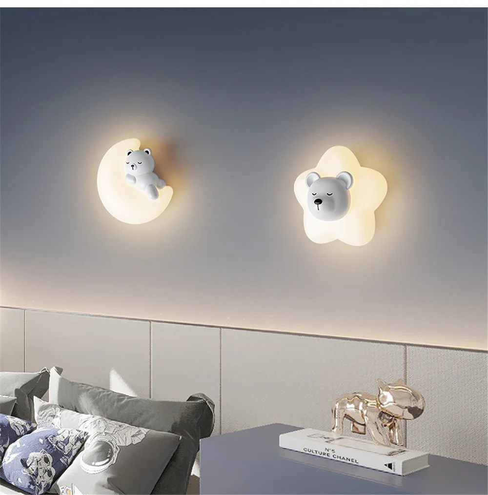 2023 New Rabbit Moon Bear Kids Led Wall Lamp Bedroom Study Cartoon Home Decor Kindergarten Sconces Indoor Ambient Night Light