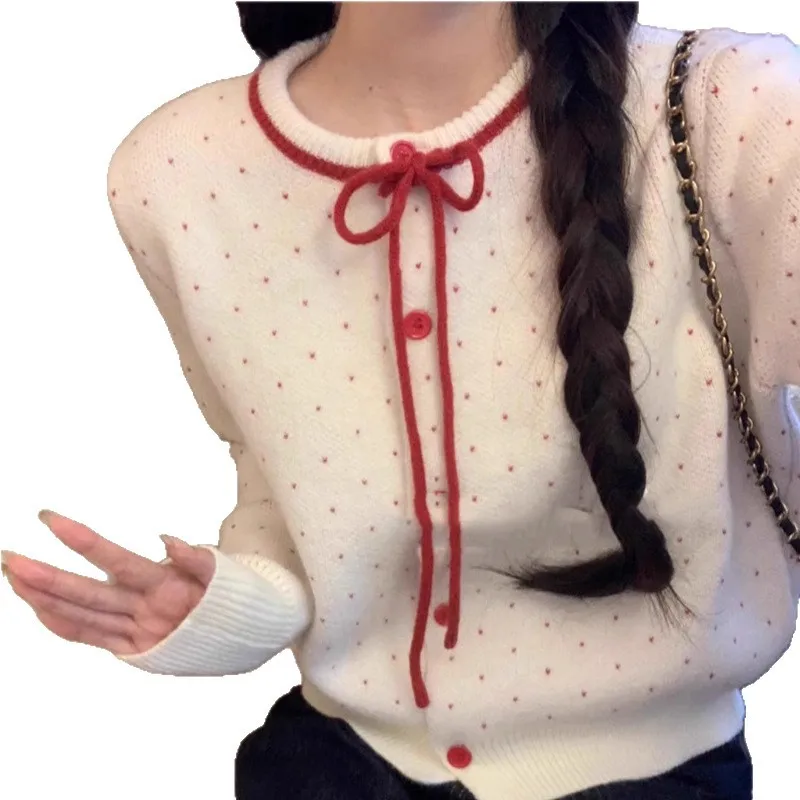 Frauen Frühling Herbst Neue Schmetterling Knoten Pullover Modische Top Französisch Polka Dot rundhals Strickjacke Kurzen Stil