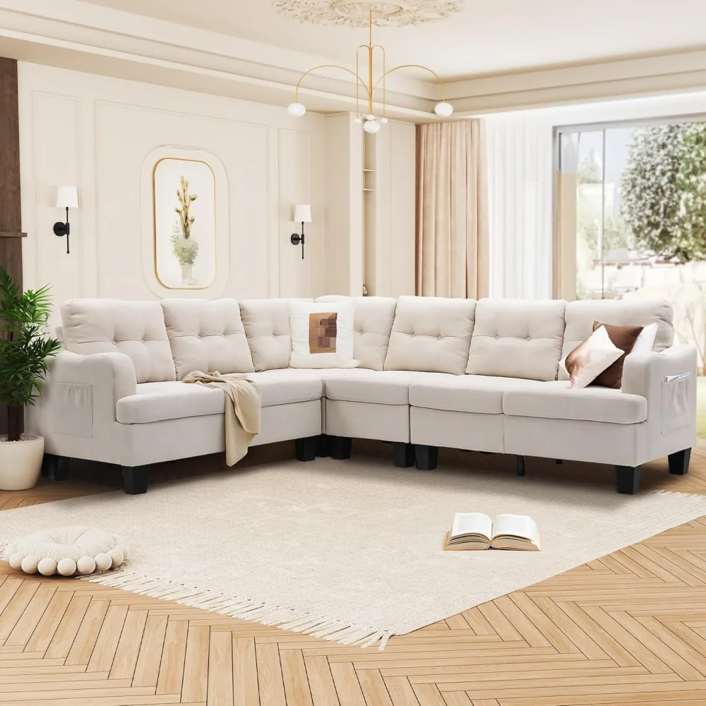 6 L-shaped Sofas with Solid Wood Frame and Thick Legs, Modern White Modular Combination Sofa, Polyester Fabric Large Sofa Bed