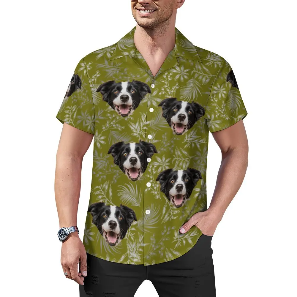 

Men's Green Hawaiian Shirt Short Sleeve Dog Print with Tropical Leaves, Casual Button-Up Holiday Beach Shirt
