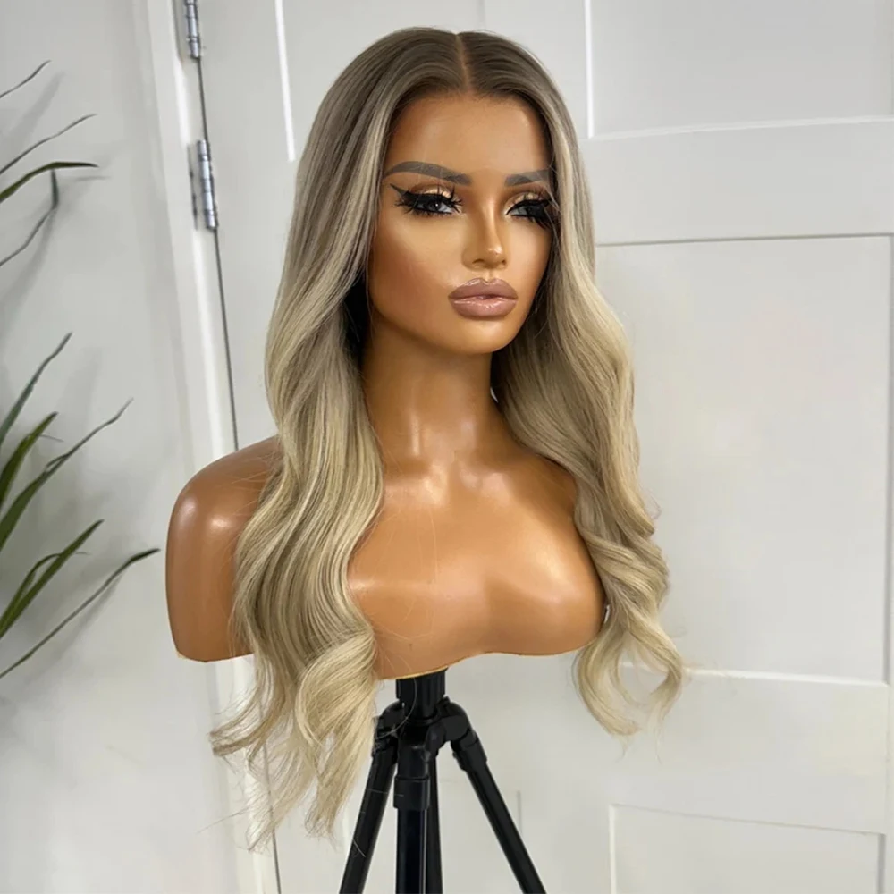 Peluca con malla frontal sin pegamento HD de cabello humano con mezcla de raíces de Ombré rubio ceniza segura al calor de lujo, línea de cabello prearrancada, pestañas para las orejas con gorro medio